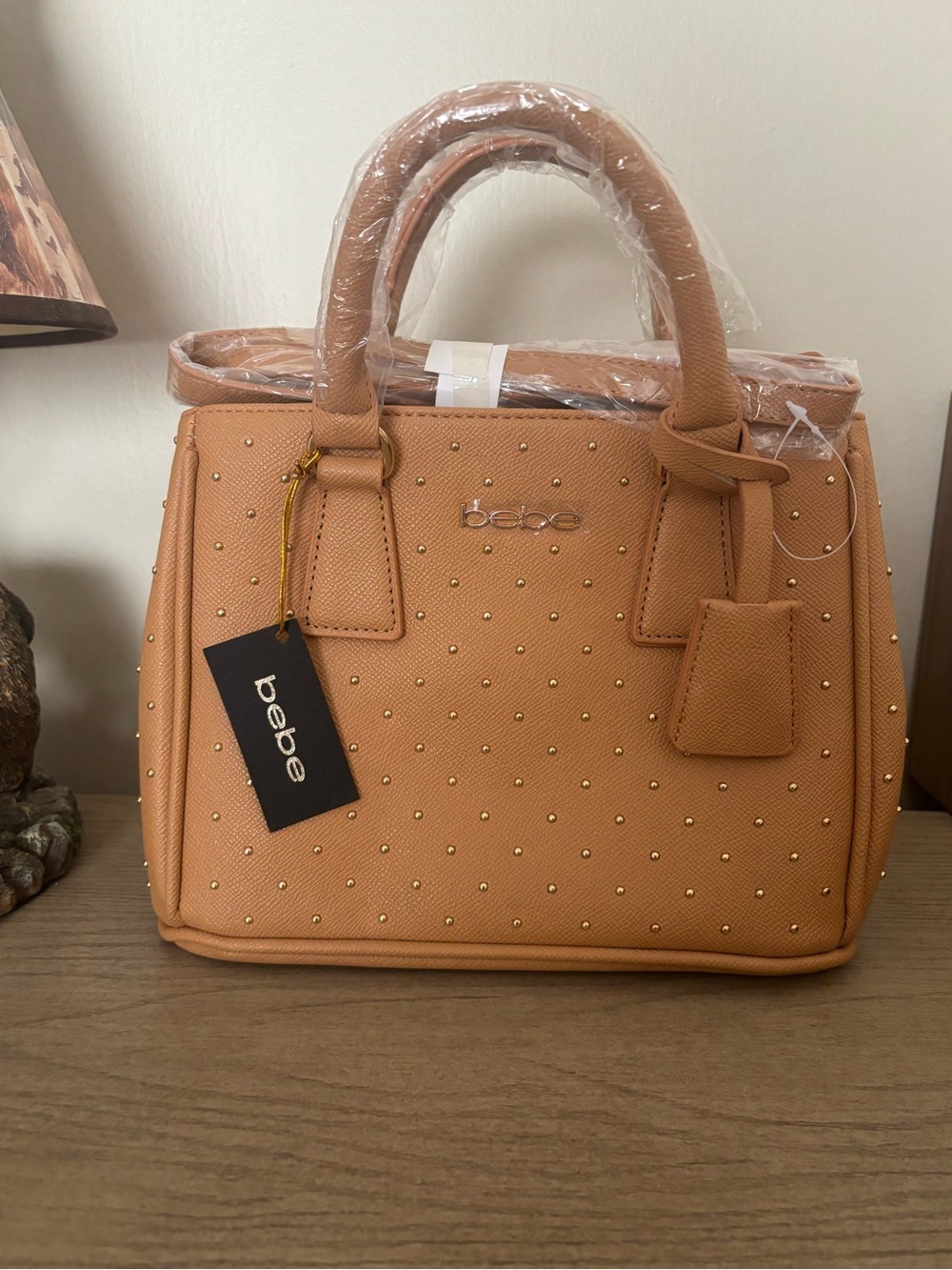 bebe mini Tan Studded Satchel with Top Handles